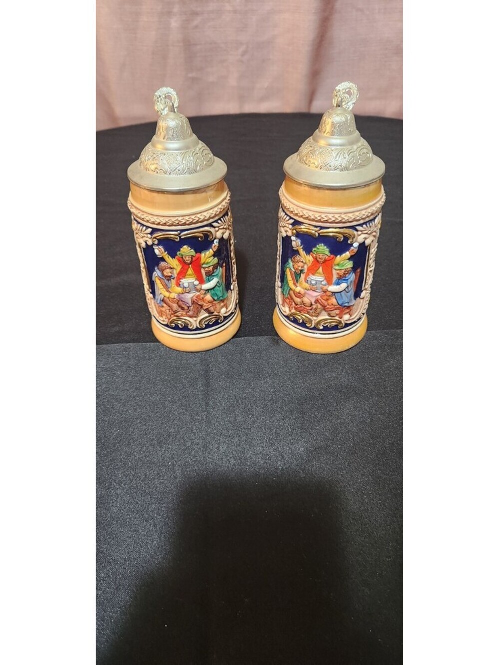 Vintage Gerz West Germany Lidded Beer Steins - 8" Tall Cobalt Blue Tavern Scene